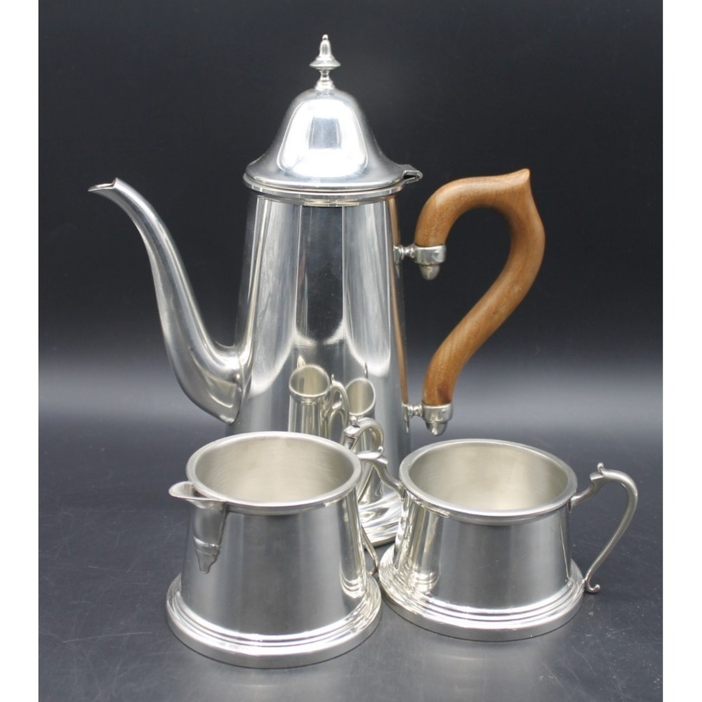 Vintage Old Newbury Pewter Coffee Tea Service Set All Marked USA Wood Handle